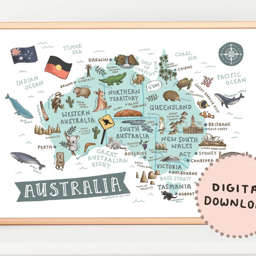 Australia Map Australian Art Print Illustrated Map Aussie - Etsy