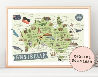 Karte von Australien | Illustrierte australische Sehenswürdigkeiten Druck | Aussie Tiere Kinderzimmer Schlafzimmer Dekor | Reisekarte Poster | Digitaler Download