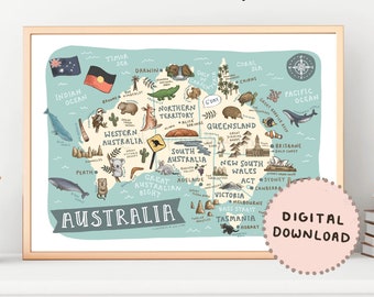 Map of Australia | Illustrated Australian Landmarks Print | Aussie Animals Nursery Bedroom Decor | Travel Map Poster | Digital Download