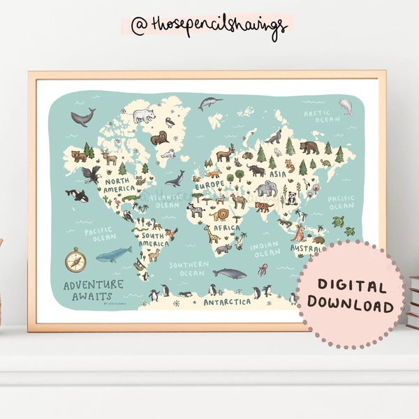 Map of the World Print | Illustrated World Map Nursery | Animals of the World Educational Poster | Kids Bedroom Decor | Digital Download