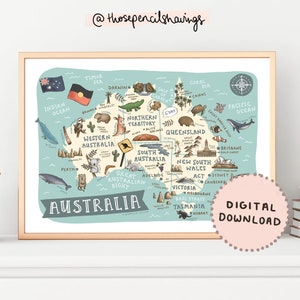Map of Australia | Illustrated Australian Landmarks Print | Aussie Animals Nursery Bedroom Decor | Travel Map Poster | Digital Download