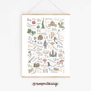 Lámina del alfabeto de cuento de hadas / Póster ilustrado de princesas de la A a la Z / Decoración infantil de fantasía con el alfabeto / Arte mural infantil de la A a la Z / Regalo para baby shower