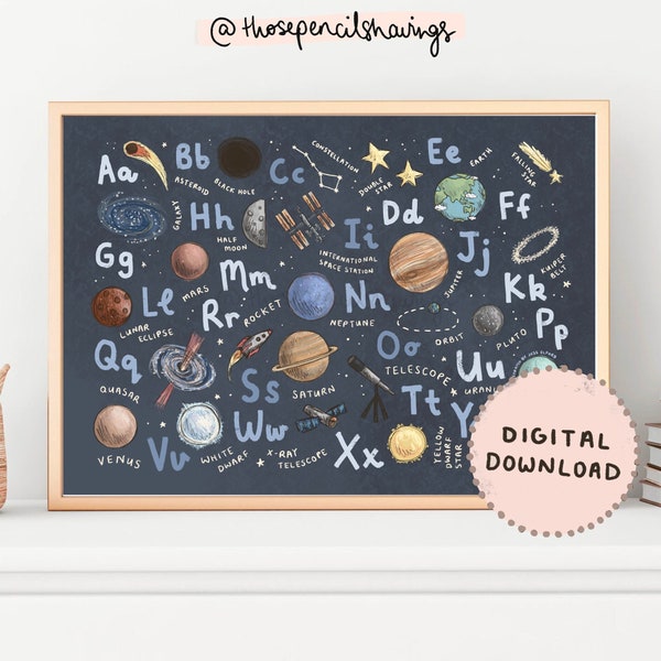 Space Alphabet Landscape Print | Cute ABC Poster | A-Z Galaxy Nursery | Kids Room Decor | Baby Shower | Science Classroom | Digital Download