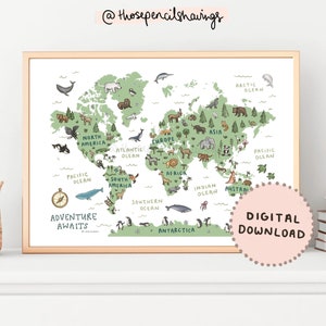 Map of the World Print | Illustrated World Map Nursery | Animals of the World Educational Poster | Kids Bedroom Decor | Digital Download