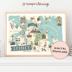 Map of Sydney | Illustrated Australian Landmarks Print | Aussie Travel Gift | Classroom Map | Travel Poster | Digital Download