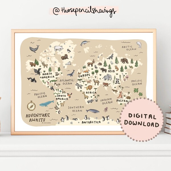 Map of the World Print | Illustrated World Map Nursery - Etsy