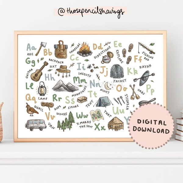 Camping Alphabet Print | Illustrated A-Z Adventure Poster | ABC Kids Great Outdoors Nursery Decor | Baby Shower Gift | Digital Download