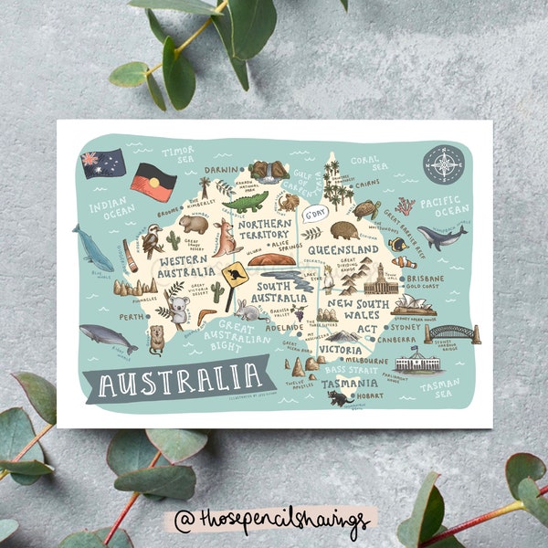 Map of Australia Postcard | Cute Illustrated Australia Map | Aussie Animals + Landmarks Travel Postcard Souvenir | 5x7"