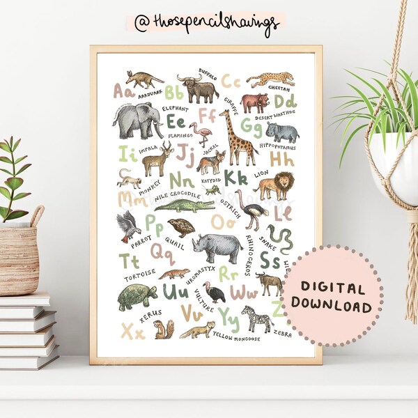 Safari Animals Alphabet Print | Cute ABC Poster | A-Z African Animals Alphabet Nursery Print | Savannah Nursery Decor | Digital Download