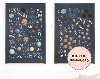 Space Alphabet und Zahlen Print | Weltraum ABC 123 Poster | Galaxy A-Z und Zählen Kinderzimmer | Sonnensystem Kinderzimmer | Digitaler Download
