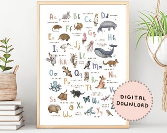 Australian Animals Alphabet Print | Illustrated ABC Poster | A-Z Animal Alphabet Nursery Print | Australia Kids Room | Digital Download