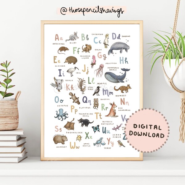 Australian Animals Alphabet Print | Illustrated ABC Poster | A-Z Animal Alphabet Nursery Print | Australia Kids Room | Digital Download