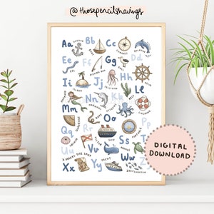 Nautical Alphabet Print | Cute ABC Poster | A-Z Ocean Alphabet Nursery Print | Kids Room Decor | Classroom Poster | Digital Download