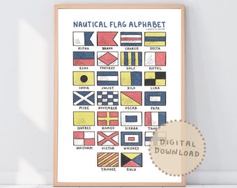 Nautical Flag Alphabet Print: Maritime Signal Flags, Coastal Nursery (Digital Download)