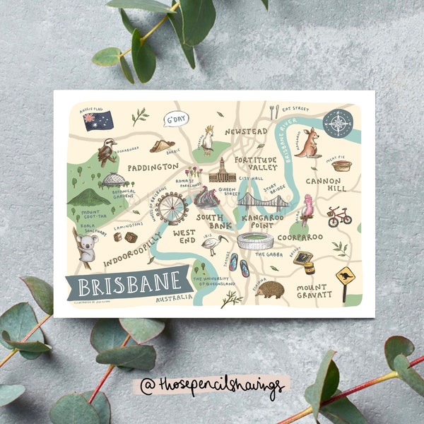 Map of Brisbane, Australia Postcard | Cute Illustrated Australia Map | Aussie Animals + Landmarks Travel Postcard Souvenir | 5x7"