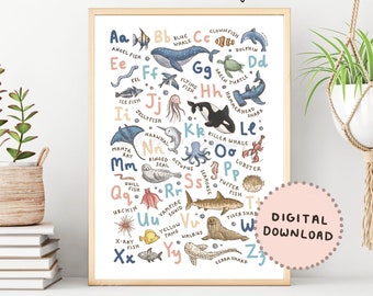 Ocean Alphabet Print | Cute Sea Life ABC Poster | A-Z Marine Animals Alphabet Nursery Print | Nautical Kids Room Decor | Digital Download