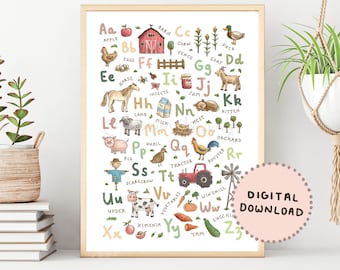 Farm Alphabet Print | Illustrated A-Z Farm Animals Poster | ABC Nursery Decor | Baby Shower Gift | Kids Playroom Wall Art | Digital Download