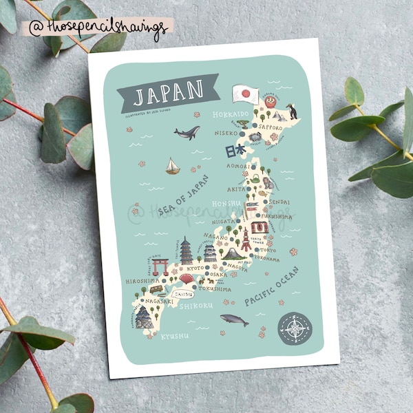 Map of Japan Postcard | Cute Illustrated Japan Map Mini Print | Japanese Landmarks and Animals | Travel Postcard