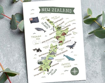 Map of New Zealand Postcard | Cute Illustrated NZ Map Mini Print | Kiwiana Landmarks and Animals Travel Postcard