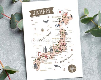 Map of Japan Postcard | Cute Illustrated Japan Map Mini Print | Japanese Landmarks and Animals | Travel Postcard