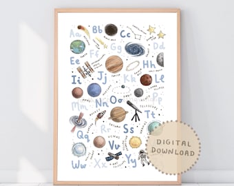 Space Alphabet Print: Galaxy Nursery, Science Classroom (Digital Download)