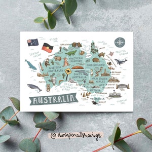 Map of Australia Postcard | Cute Illustrated Australia Map | Aussie Animals + Landmarks Travel Postcard Souvenir | 5x7"