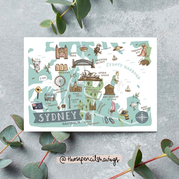 Map of Sydney Postcard | Cute Illustrated Australia Map | Aussie Animals + Landmarks Travel Postcard Souvenir | 5x7"