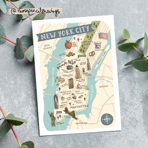 Map of NYC Postcard | Cute Illustrated New York City Map Mini Print | America Landmarks and Animals | Travel Postcard