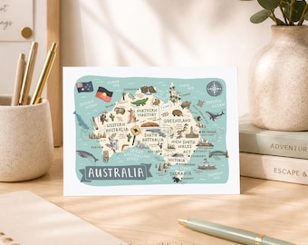 Australia Map Postcard: Illustrated Aussie Landmarks & Animals
