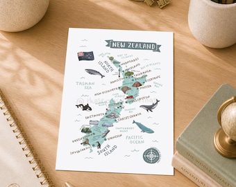 New Zealand Map Postcard: Illustrated Kiwi Travel Souvenir