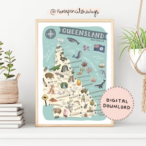 Map of Queensland | Illustrated Australia Map Print | Qld State Map Landmarks | Australian Nursery Decor | Travel Map | Digital Download