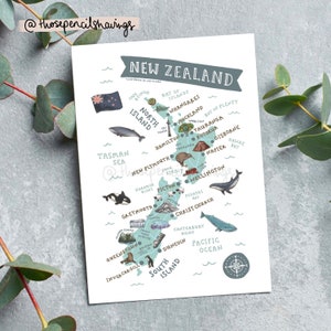 Map of New Zealand Postcard | Cute Illustrated NZ Map Mini Print | Kiwiana Landmarks and Animals Travel Postcard