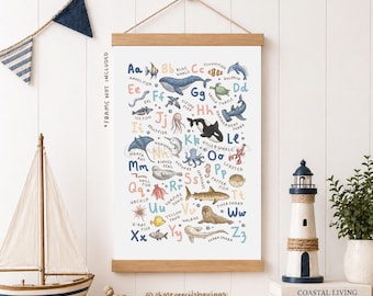 Stampa dell'alfabeto con animali marini: dalla A alla Z, decorazioni per la cameretta a tema vita marina.