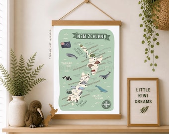New Zealand Map Art Print: Illustrated Aotearoa Travel Souvenir