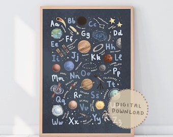 Space Alphabet Print: Galaxy Nursery, Science Classroom (Digital Download)