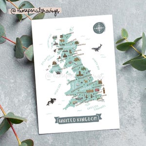 Vereinigtes Königreich Karte Postkarte | Illustrierte UK Reise Print | Niedliche Landschaften & Tiere | Fernweh Geschenk oder Souvenir