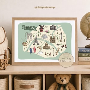 Könnte beinhalten: Ein gerahmter Druck mit einer handgezeichneten Karte von Paris, Frankreich, mit Illustrationen von Wahrzeichen wie dem Eiffelturm und Notre Dame. Die Karte ist in sanften Grün- und Beigetönen gehalten, mit dem Text "PARIS FRANCE" oben.