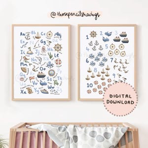 Nautical Alphabet & Counting Poster Set: Sea Life Nursery Art (Digital Download)