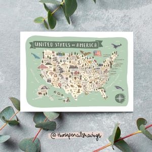 Cartolina con mappa degli Stati Uniti / Stampa illustrata di viaggi americani / Graziosi monumenti e animali degli Stati Uniti / Regalo o souvenir per viaggiatori