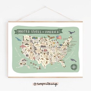Impression de carte des Etats-Unis | Poster d'art mural illustré des États-Unis | Animaux et monuments mignons | Cadeau de voyage américain