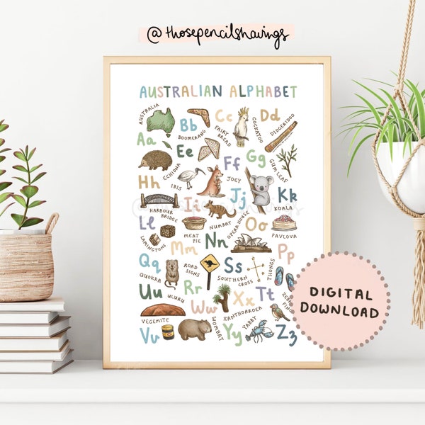 Australian Alphabet Print | Illustrated ABC Poster | A-Z Australia Alphabet Nursery | Aussie Classroom | Australiana Kids | Digital Download