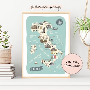 Italy Map Print | Illustrated Italy Printable Wall Art | Cute Europe Landmarks | Italian Travel Map Poster | DIGITAL DOWNLOAD
