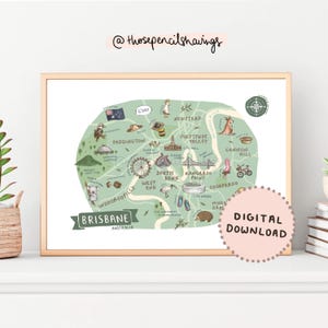 Brisbane Karte Drucken | Illustrierte Australien Kunst | Niedliche Aussie Wahrzeichen & Tiere | Reise Karte Poster | DIGITALER DOWNLOAD