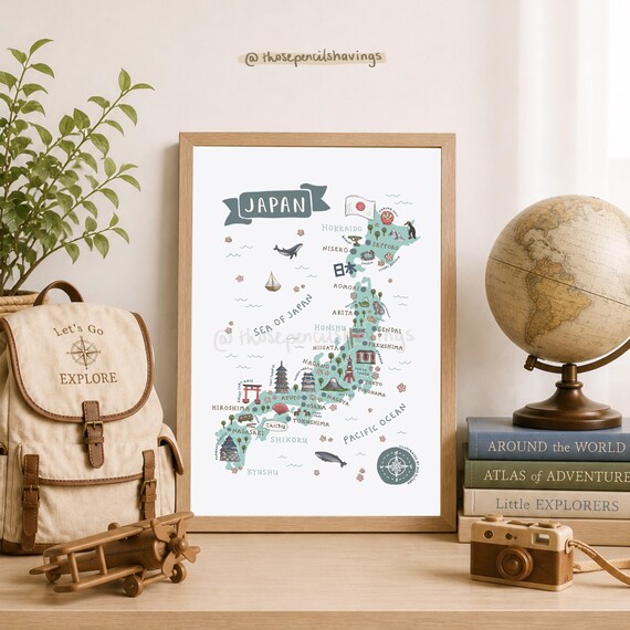 Japan Travel Map Poster: Illustrated Japanese Landmarks Art Print