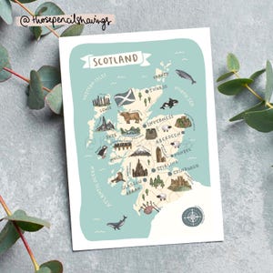 postale de l'Ecosse | Impression illustrée de voyage écossais | Icônes et monuments mignons | Cadeau ou souvenir Wanderlust