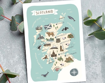 Scotland Map Postcard: Illustrated Scottish Landmarks Travel Souvenir
