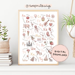 Impression alphabet rose | Affiche de l'alphabet bébé fille | Décoration murale pour chambre de filles mignonnes de A à Z | Cadeau baby shower | TÉLÉCHARGEMENT NUMÉRIQUE