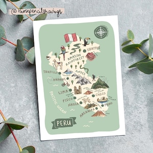 Peru Map Postcard | Illustrated South America Travel Print | Cute Peruvian Landmarks & Animals | Wanderlust Gift or Souvenir
