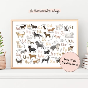 Dog Breeds Alphabet Print | A-Z Puppy Poster for Nursery or Classroom | Printable Dog Lover Art | DIGITAL DOWNLOAD