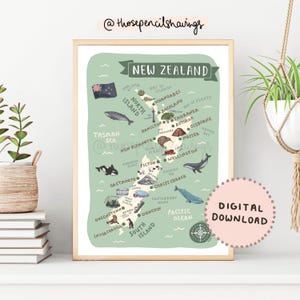 Neuseeland Map Print | Illustrierte NZ druckbare Kunst | Niedliche Landschaften & Tiere | Reise Karte Poster | DIGITALER DOWNLOAD